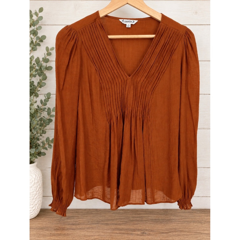 Nanette Nanette Lepore Blouse Womens Small Rust Color Pleated V-Neck Long Sleeve